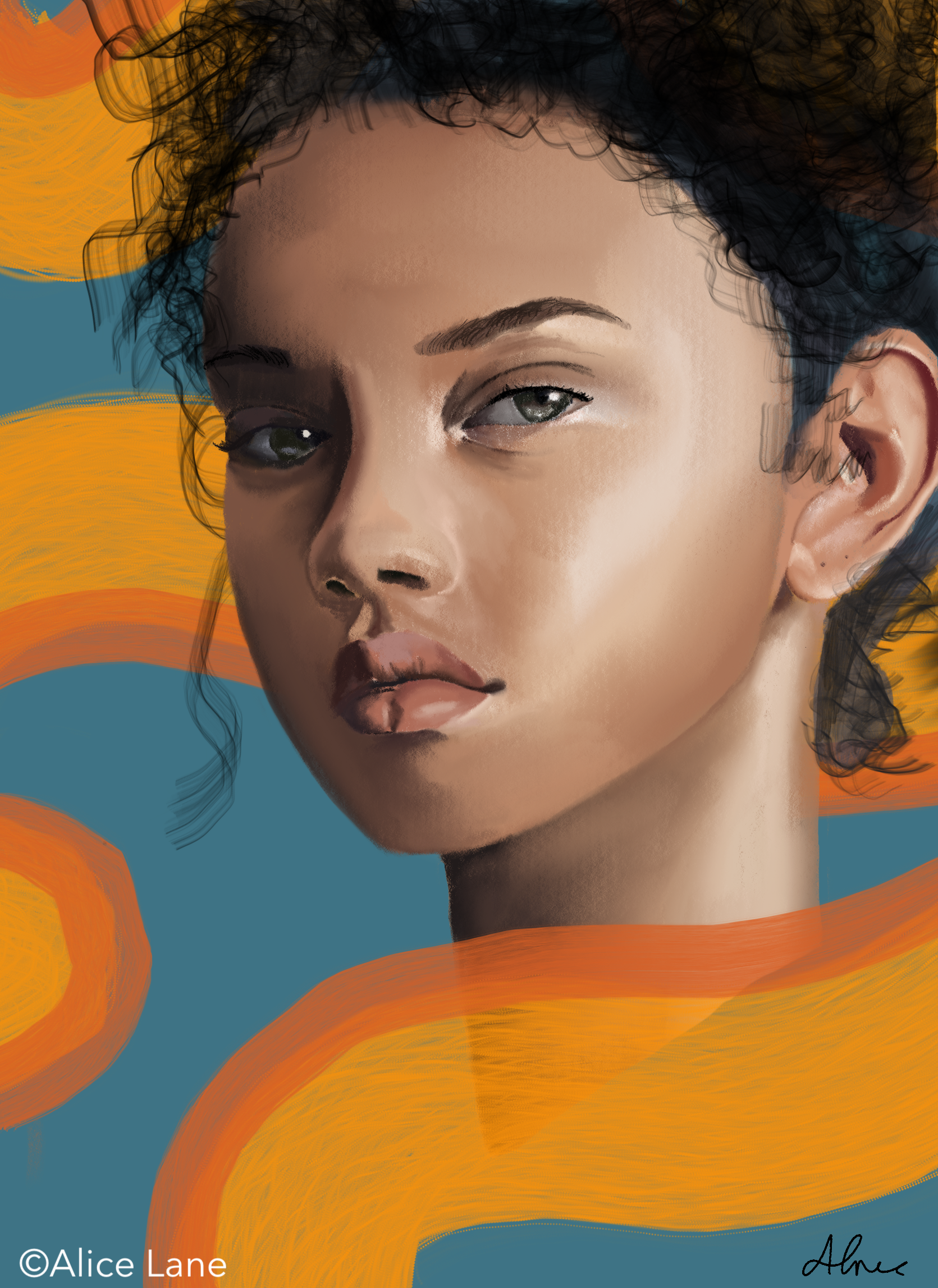 A face with orange and blue background.